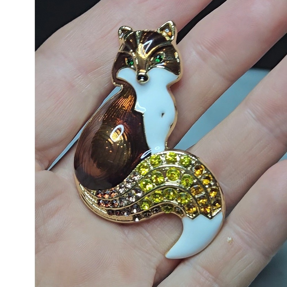 Fox Brooch Pin Womens OS Brown Enamel Rhinestone Woodland Animal Jewelry